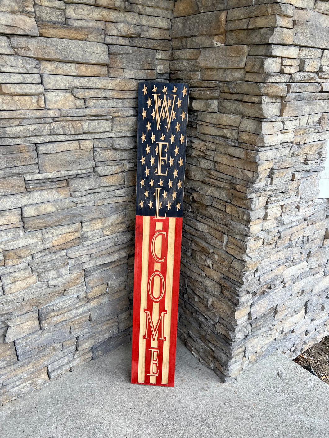 Patriotic Pride: 4 ft Tall Carved Wooden American Flag Porch Welcome Sign